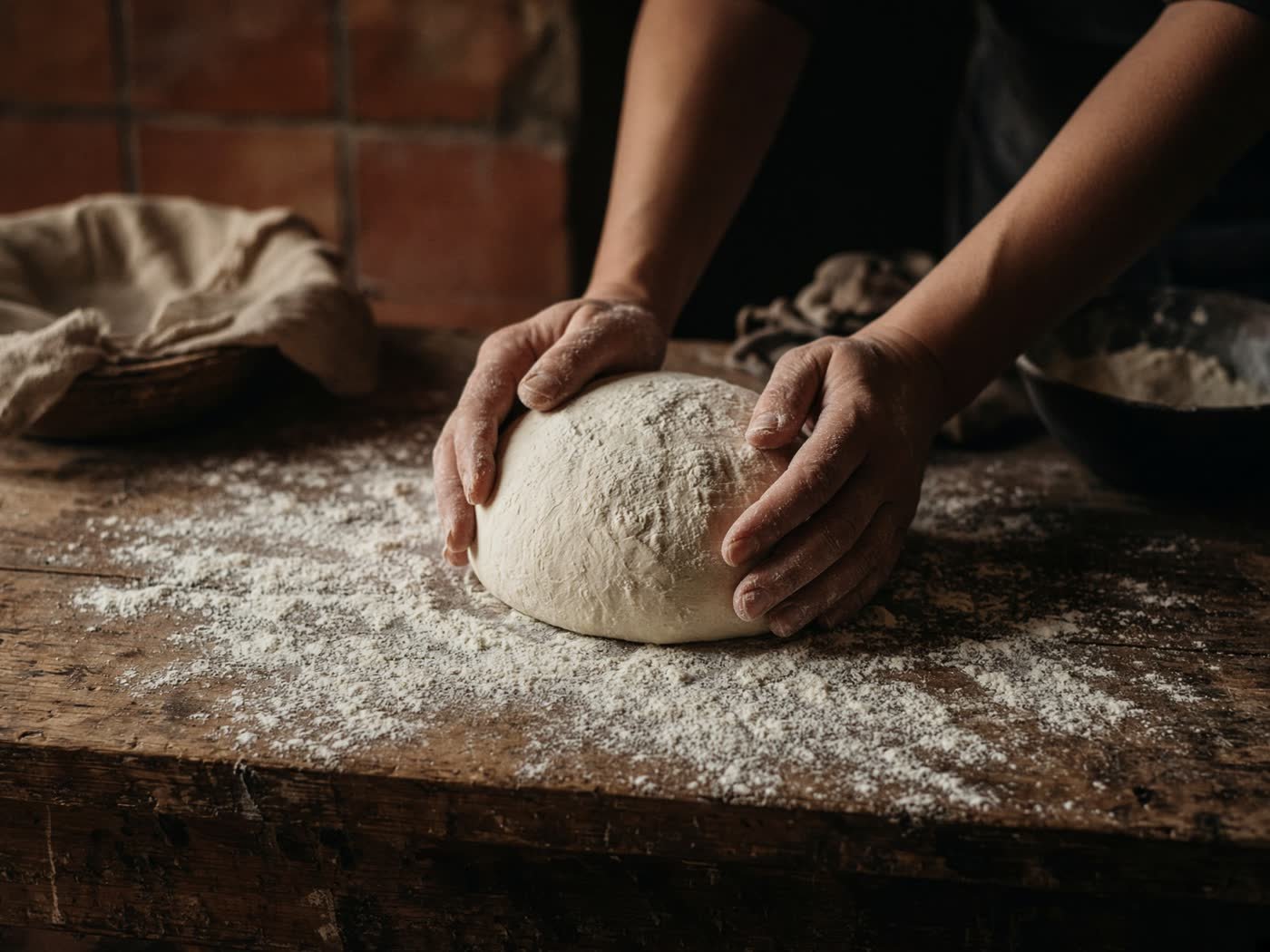 Hands shaping dough